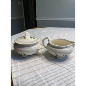 Homer Laughlin Nautilus White Gardenia Creamer & Sugar Bowl w/Lid USA Vtg